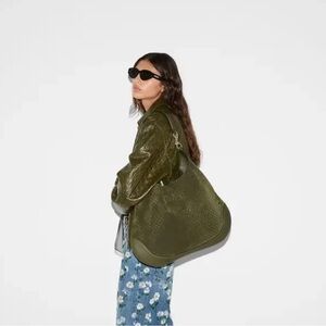 MEDIUM B Shoulder Bag w Pouchette-Moss Green Leather embossed letters